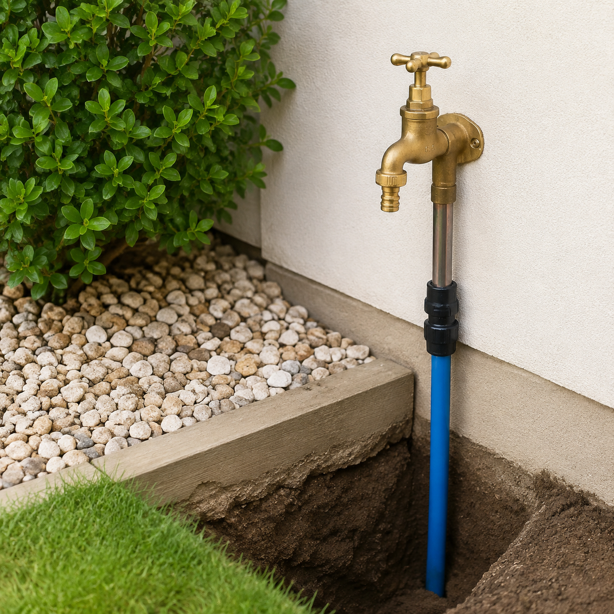 Outdoor water tap connected to blue MDPE water supply pipe