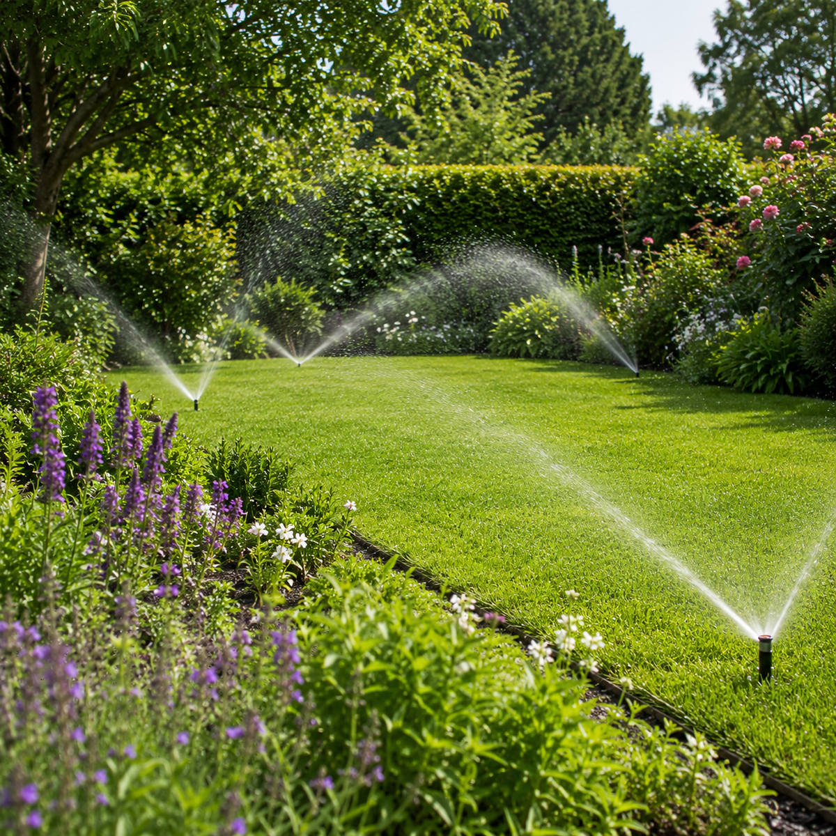 Garden lawn watered by pop-up irrigation sprinklers