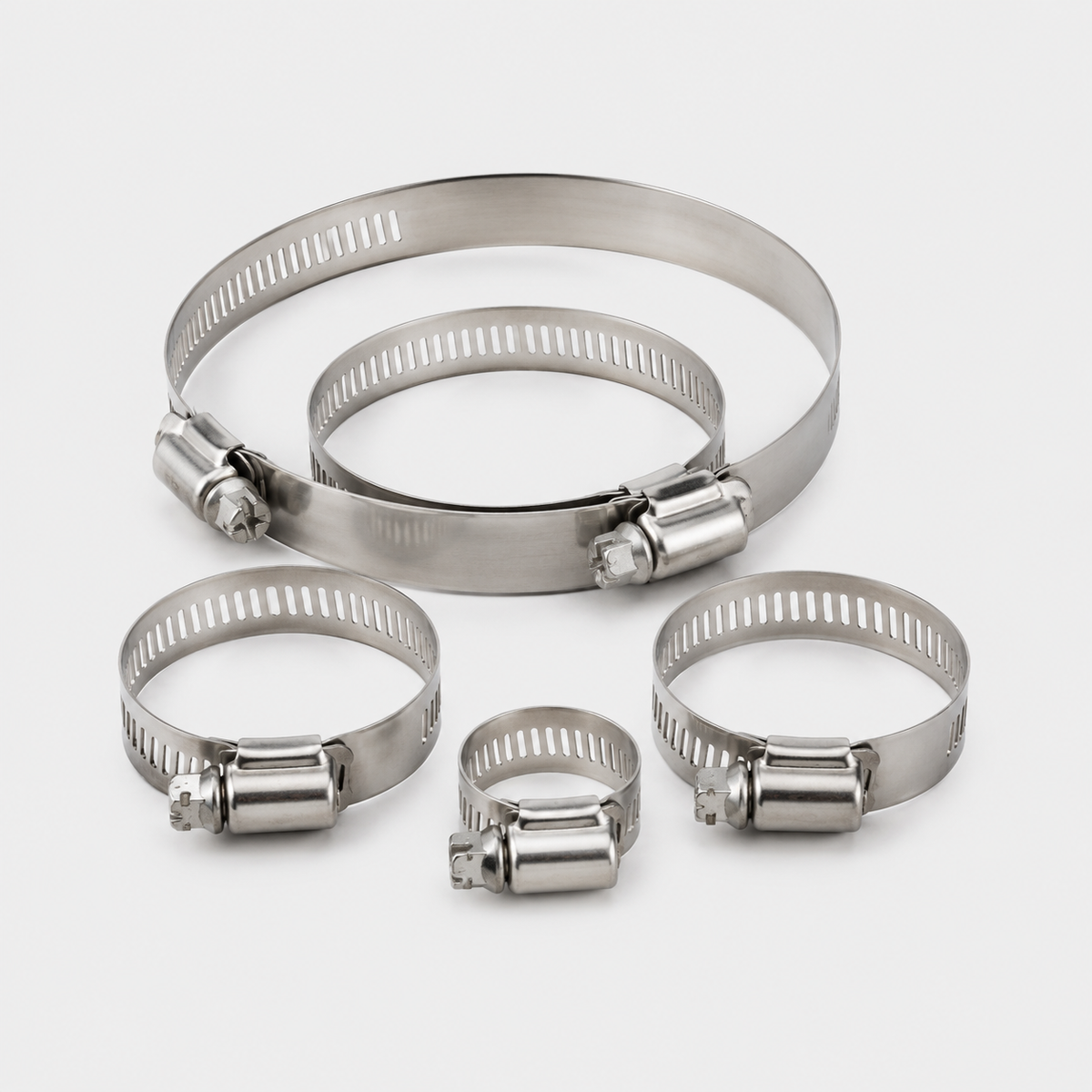 Stainless steel worm-drive hose clamps in multiple sizes