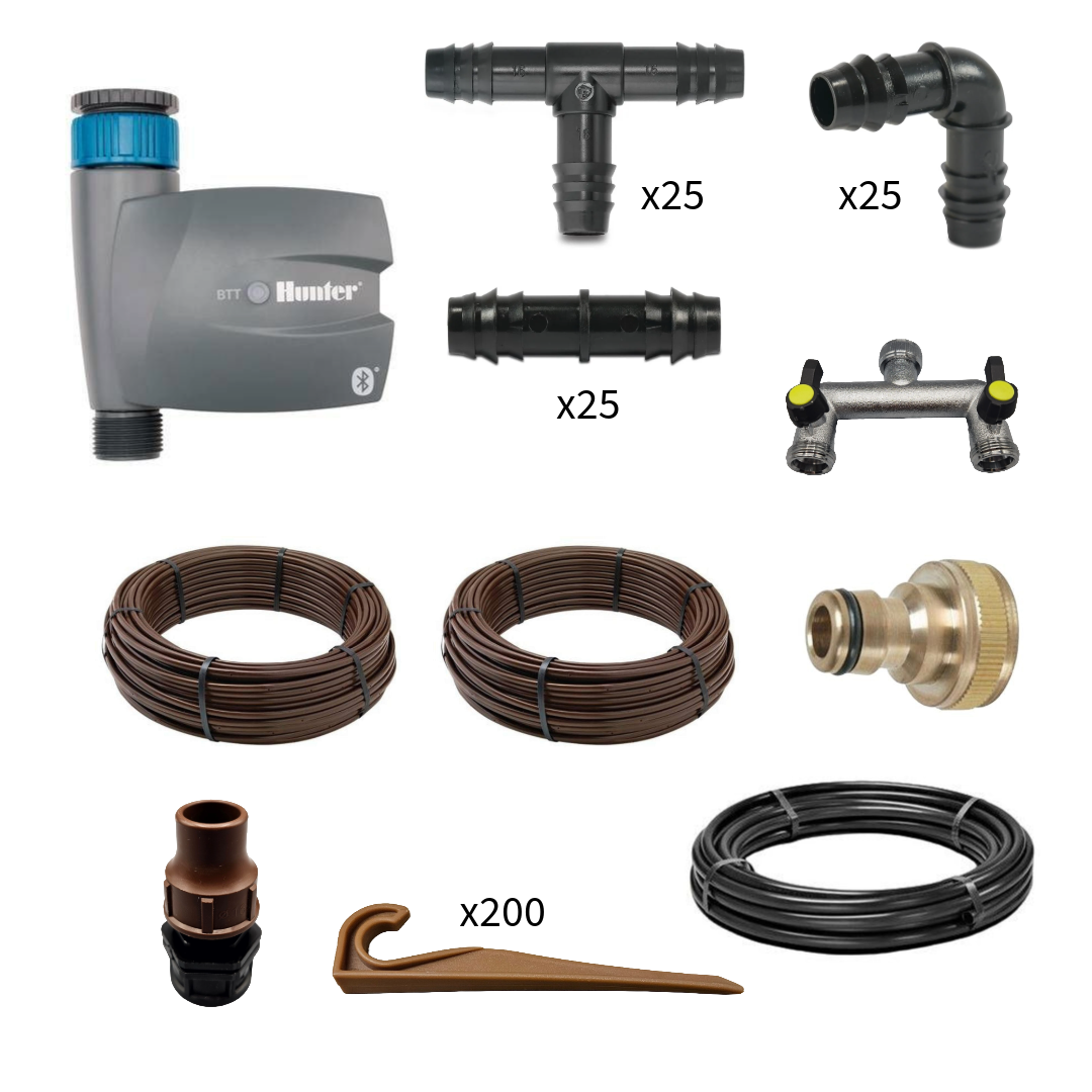 Complete Netafim UniTechline drip-irrigation kit with timer, fittings, pipe and stakes
