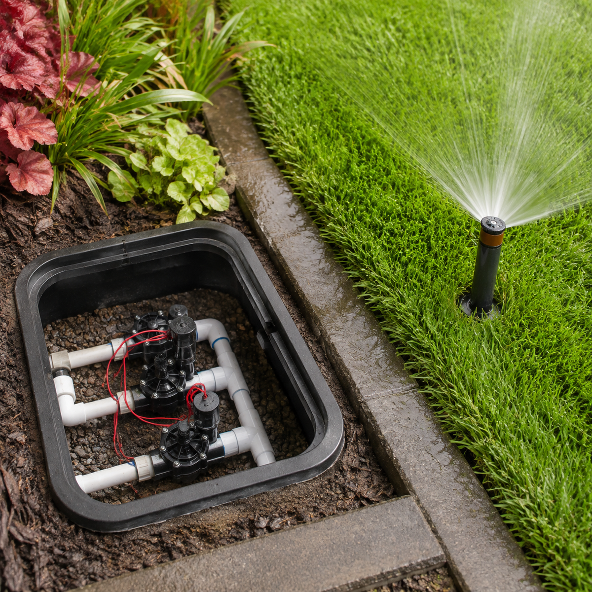 Irrigation valve box and pop-up sprinkler during maintenance