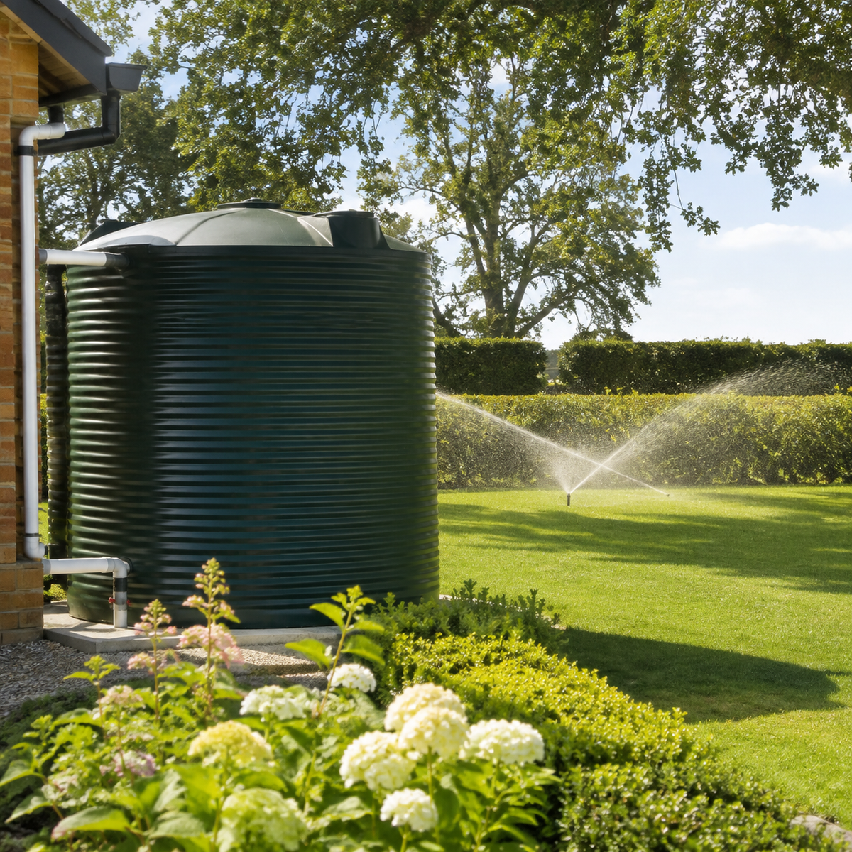 Irrigation water tank supplying garden sprinklers