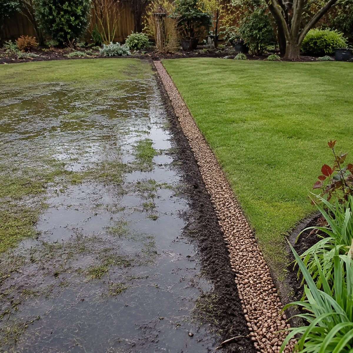 Garden lawn drainage installation after rainfall