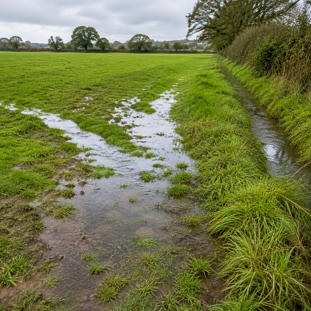 Wet field with land drainage channel after rainfall