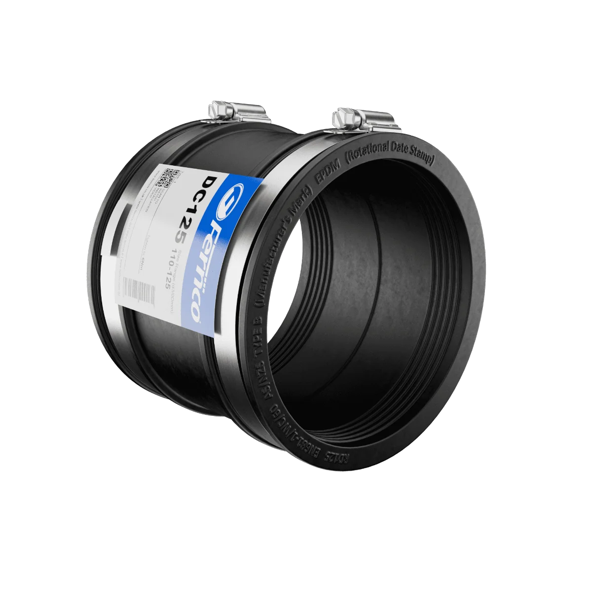 Flexible Fernco drain coupling for plumbing and drainage pipework