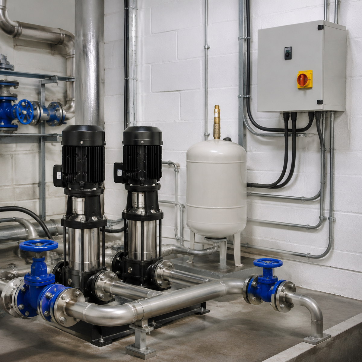 Pump plant room with control panel and pressure vessel