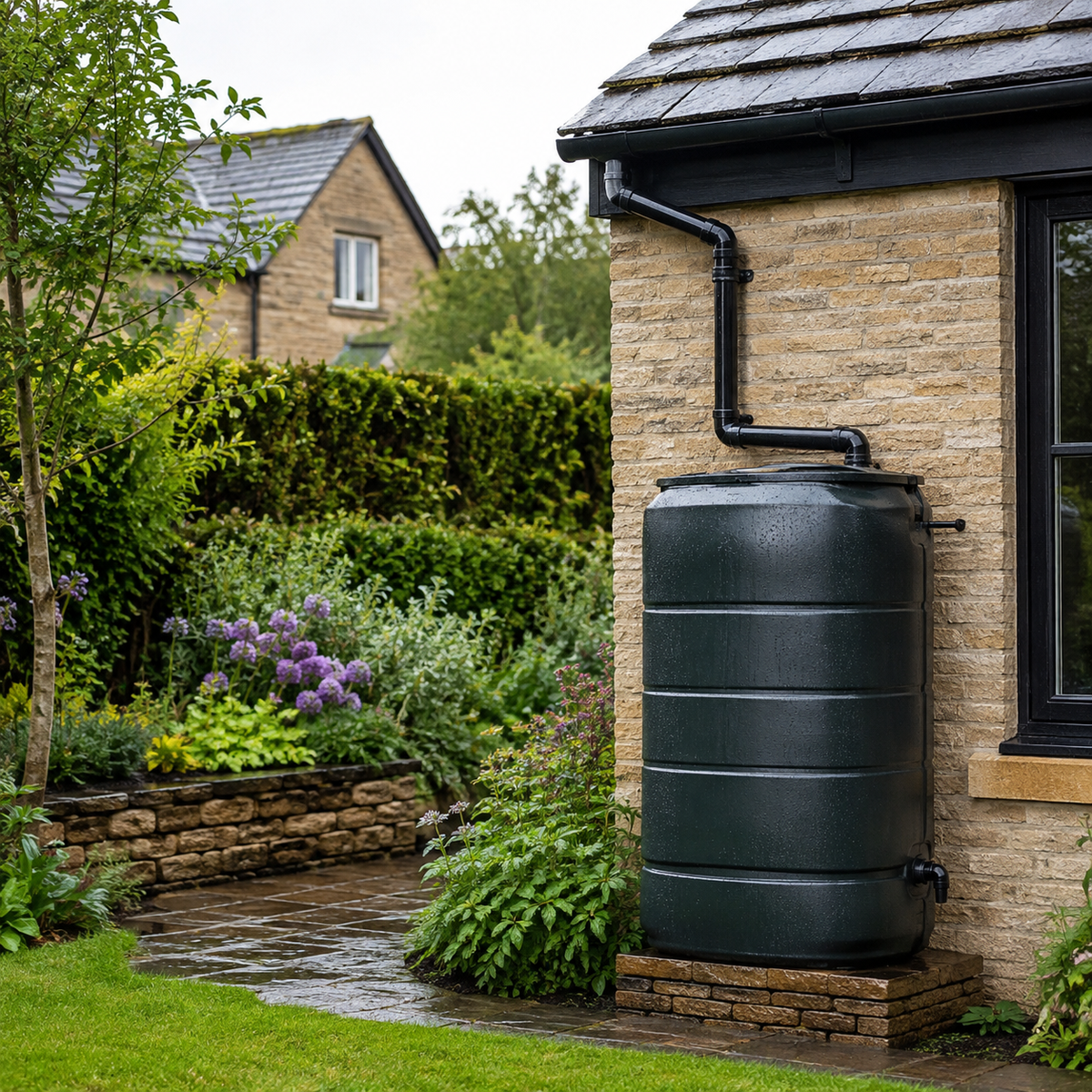 Rainwater harvesting tank connected to a house downpipe