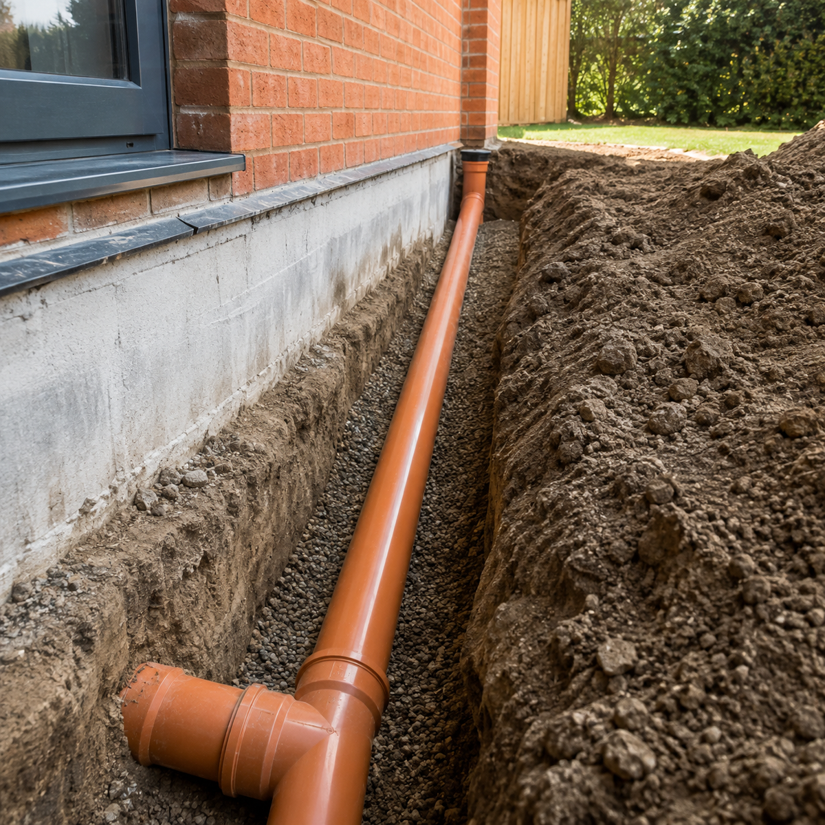 Underground drainage pipe installation beside a house
