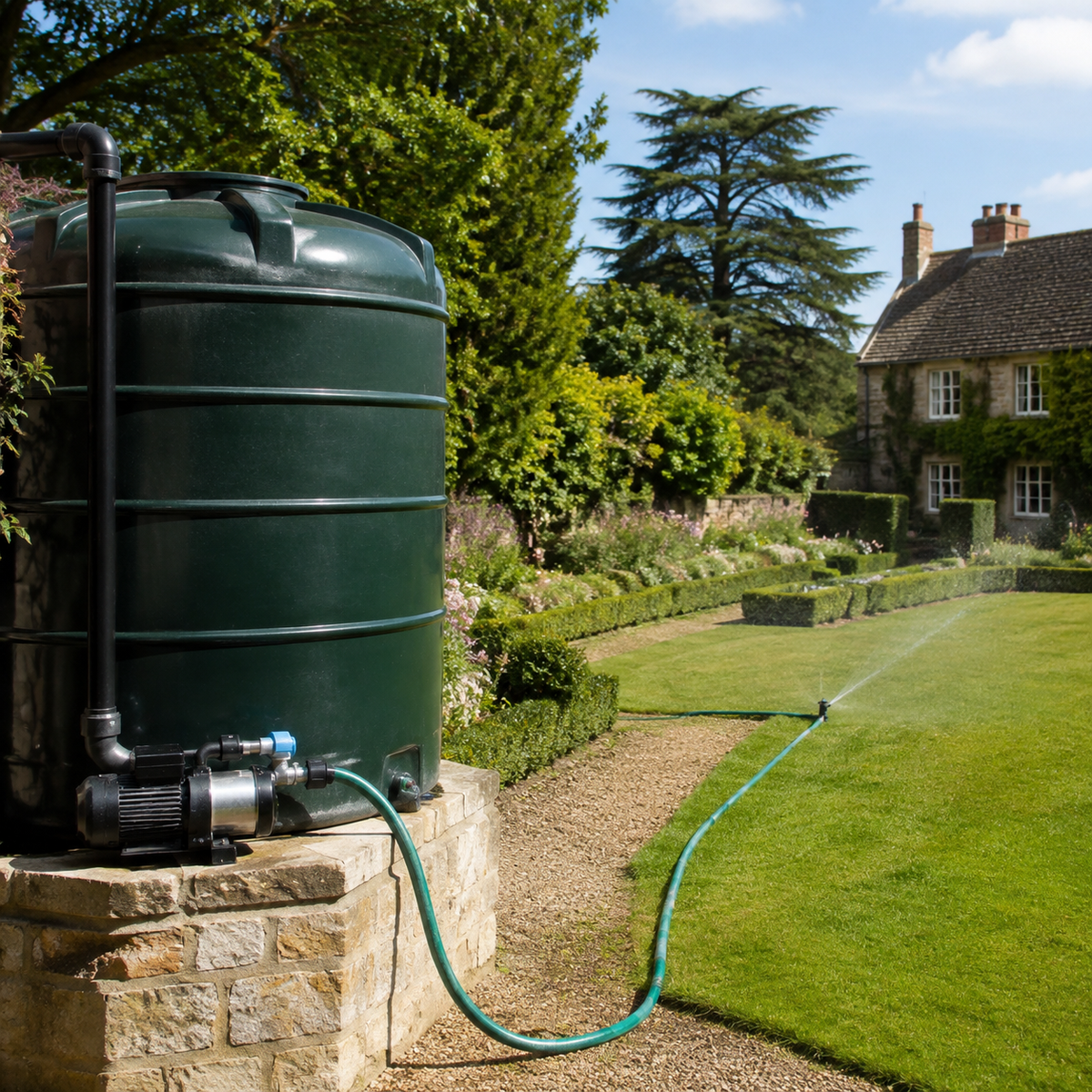 Water transfer pump supplying irrigated landscaped grounds