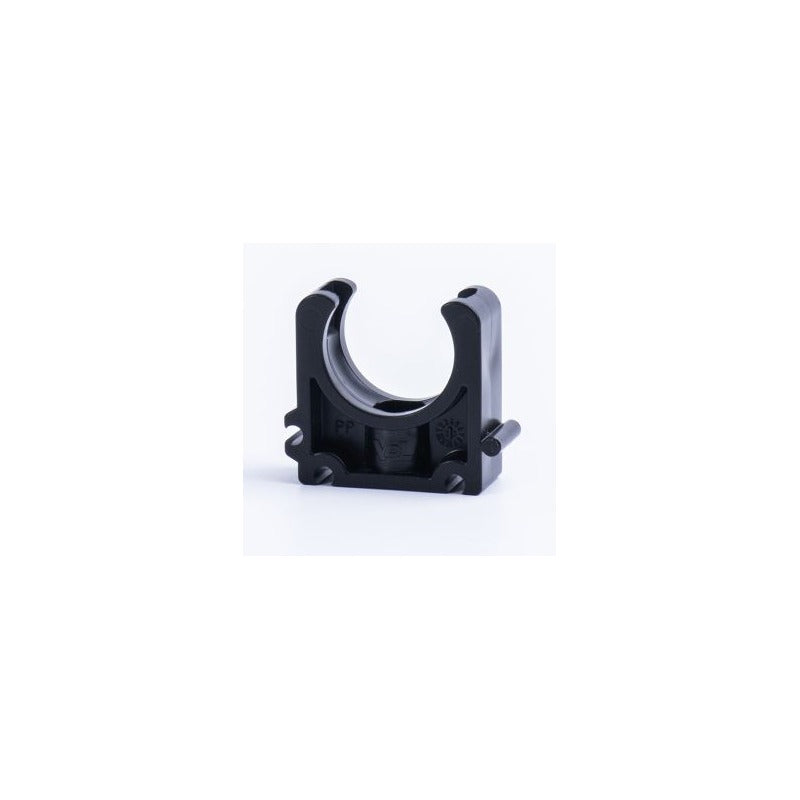 Metric black pipe clip with safety bracket, open view