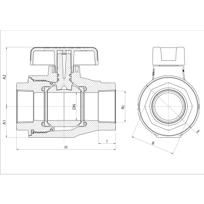 PLASSON female threaded ball valve technical drawing