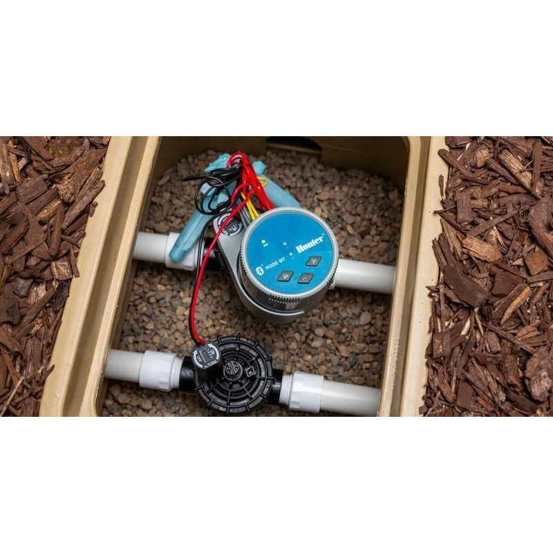Hunter Bluetooth NODE-BT controller installed in a valve box