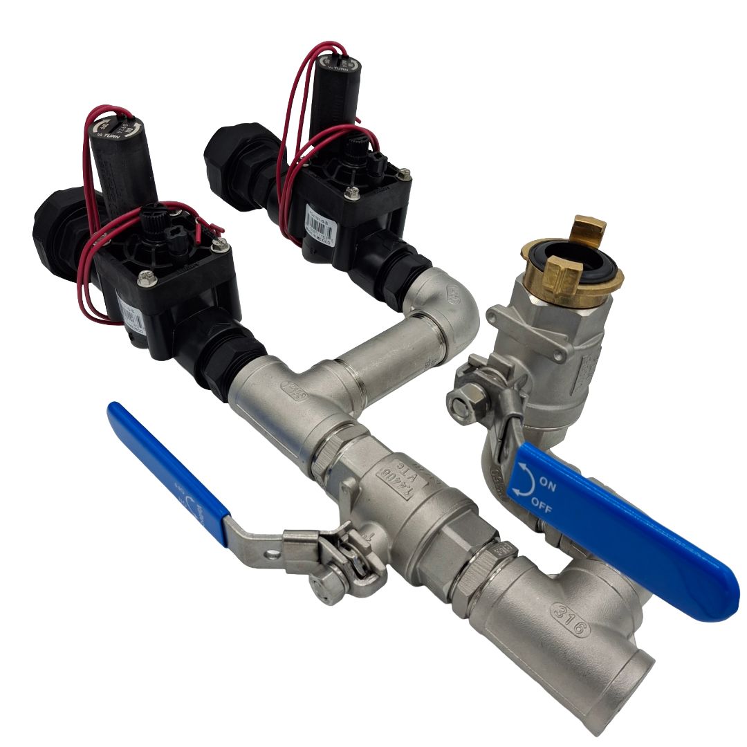1" Stainless Steel Dual Valve with 1" Hand Point inc Hunter PGV Solenoid Valves