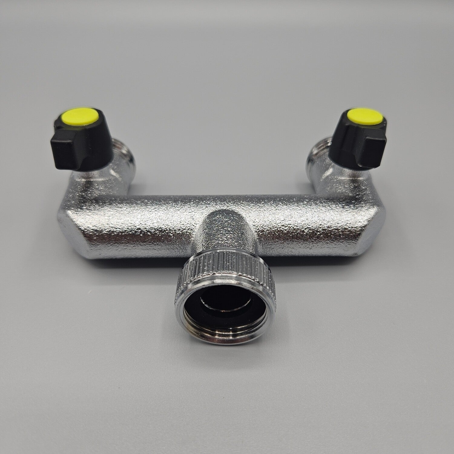 Brass 2-way manifold with 3/4" female tap connector & valved 3/4" male BSP outlets