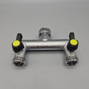 Brass 2-way manifold with 3/4" female tap connector & valved 3/4" male BSP outlets
