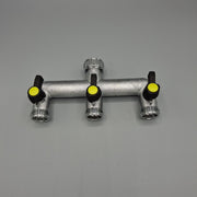 Brass 3-way manifold with 3/4" female tap connector & valved 3/4" male BSP outlets