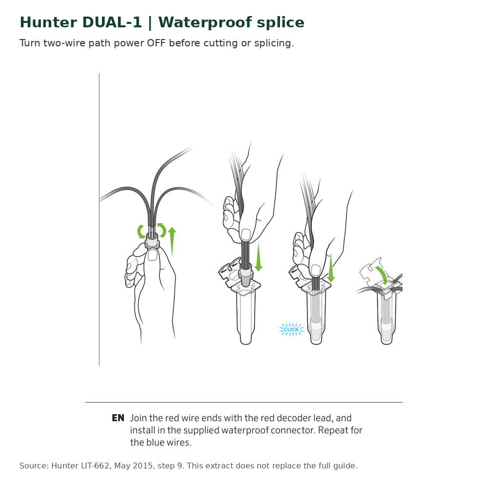 Hunter DUAL-1 waterproof two-wire path connector splice sequence, with power-off reminder