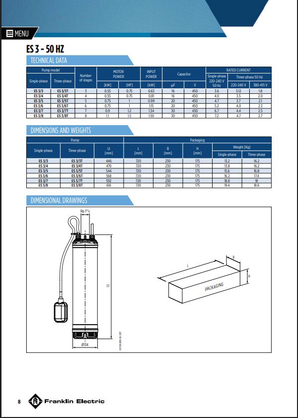 Franklin ES3/4 0.55kW 230/1/50Hz 5" submersible pump c/w float switch