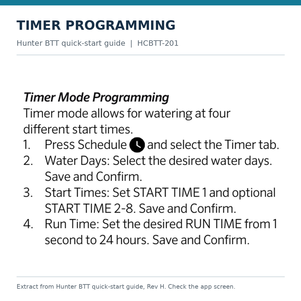 Hunter BTT quick-start guide timer mode programming steps