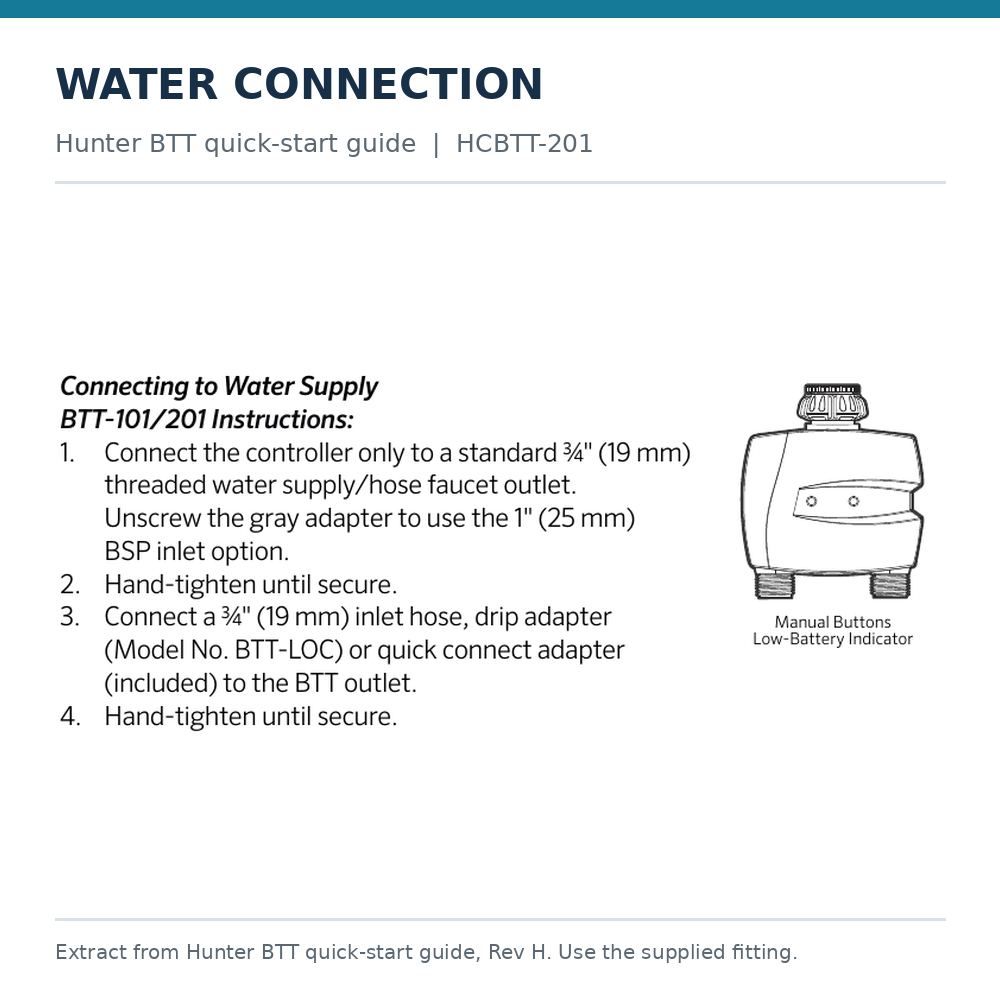 Hunter BTT-101/201 quick-start guide water connection instructions and line drawing