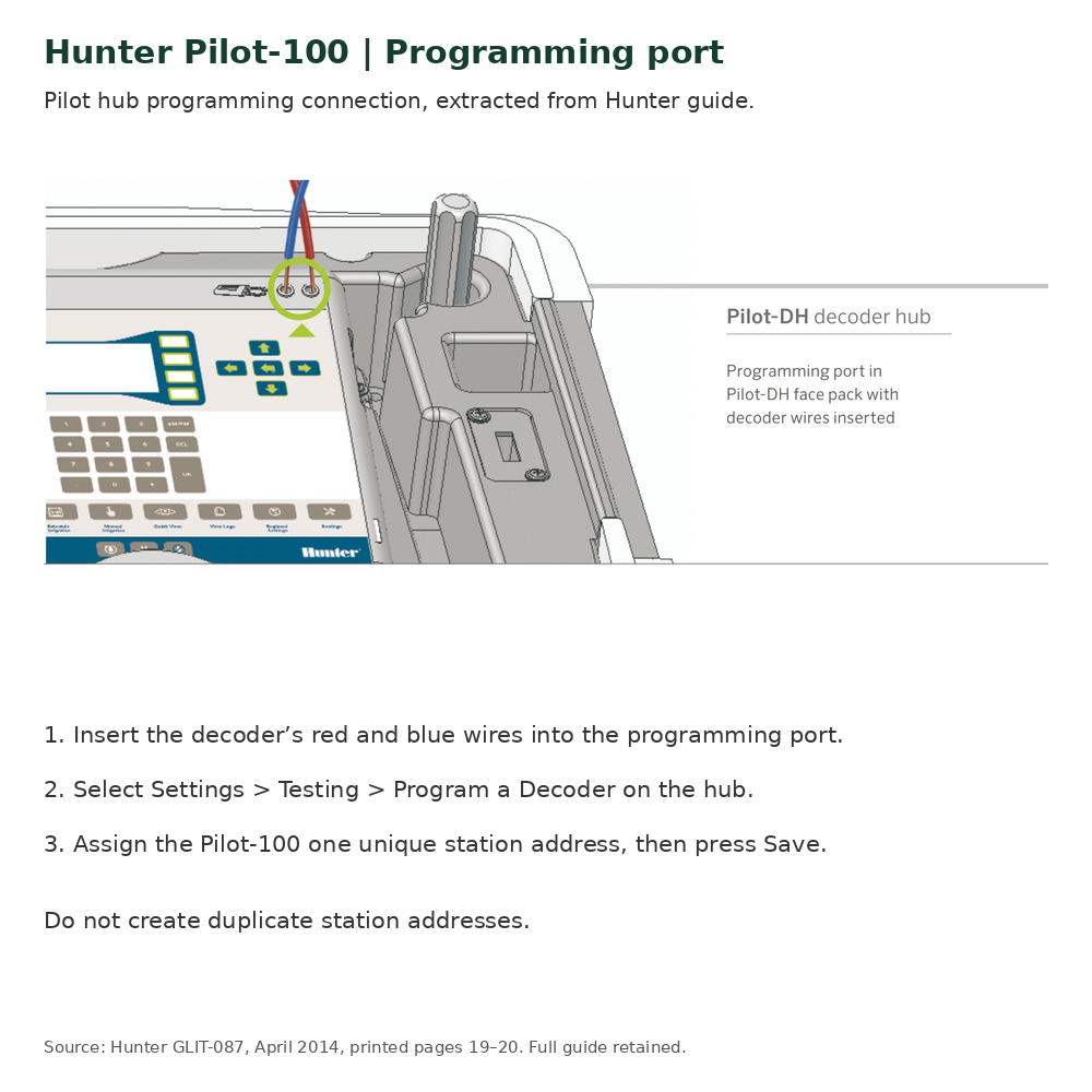 Hunter Pilot-100 decoder addressing via Pilot-DH hub programming port with unique station address reminder