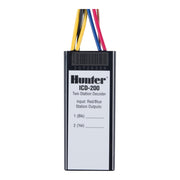 Hunter ICD-200 two-station decoder with black and yellow station outputs. Photo courtesy of Hunter Industries Incorporated.