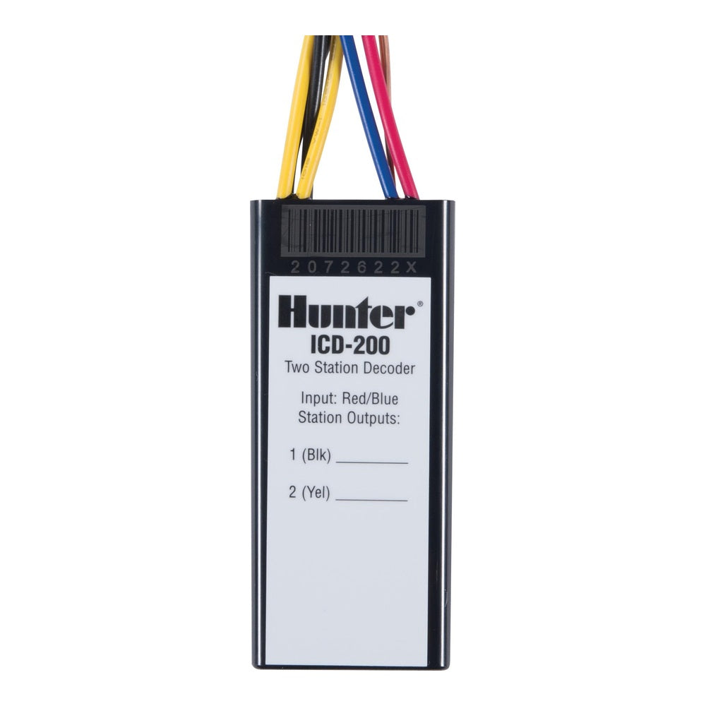Hunter ICD-200 two-station decoder with black and yellow station outputs. Photo courtesy of Hunter Industries Incorporated.