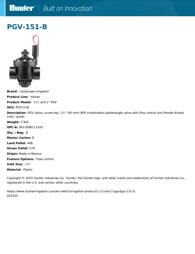 Hunter PGV 1 1/2" BSP Solenoid Valve 24VAC Female BSP with Flow Control