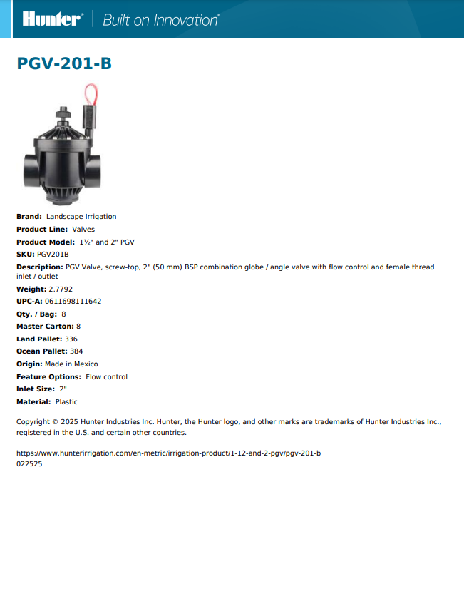 Hunter PGV 2" BSP Solenoid Valve 24VAC Female BSP with Flow Control