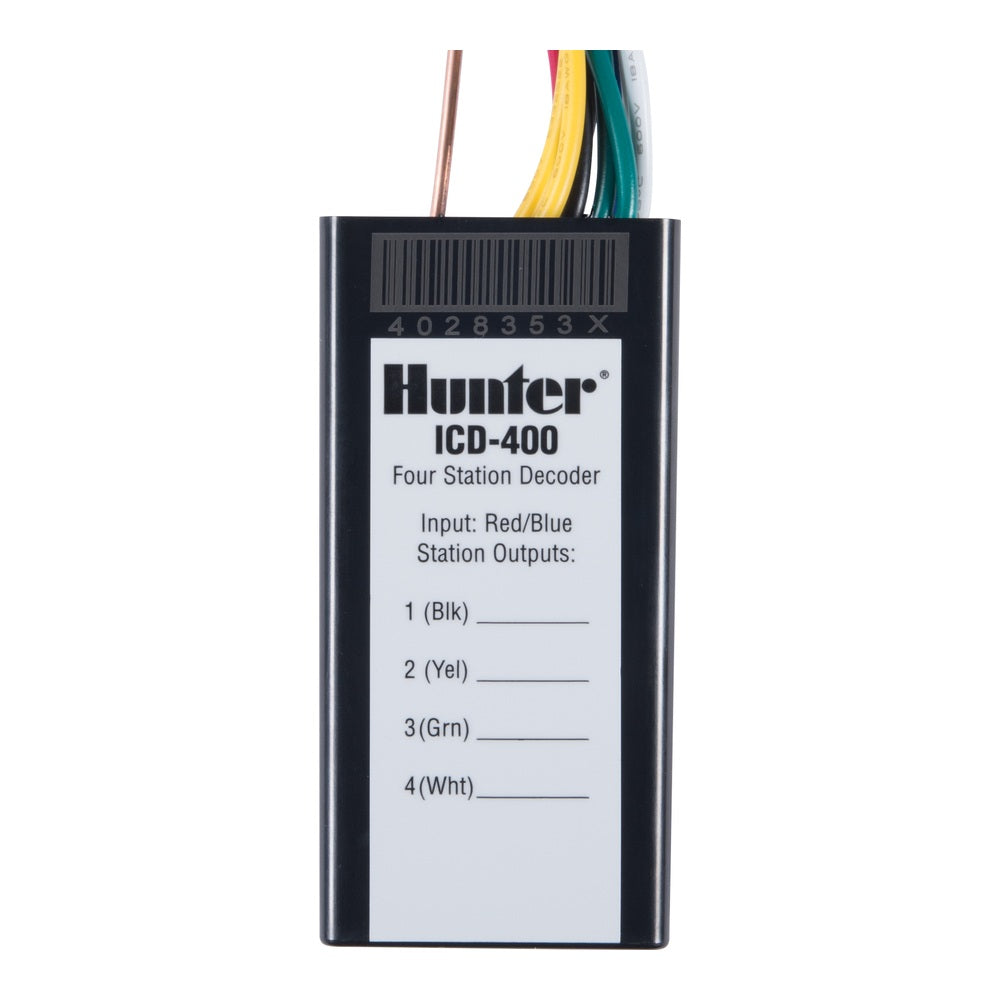 Hunter ICD-400 four-station decoder, exact model showing four colour-coded station outputs. Photo courtesy of Hunter Industries Incorporated.