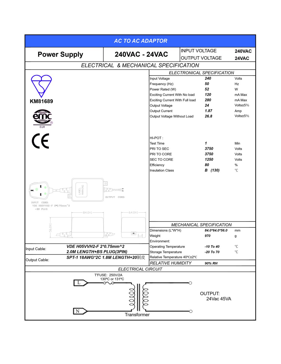 Irrigation Controller Transformer/Power Supply 240VAC to 24VAC