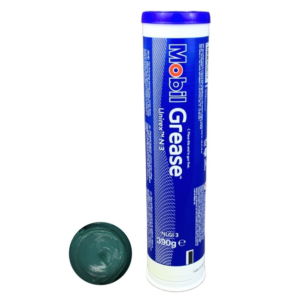 Mobil Unirex N3 high-temperature bearing grease 390 g cartridge with green grease sample