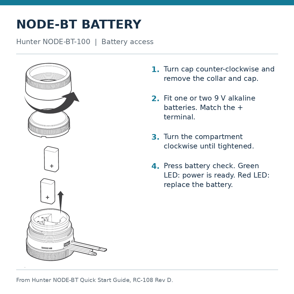 Hunter NODE-BT-100 battery compartment and 9 V battery replacement instructions