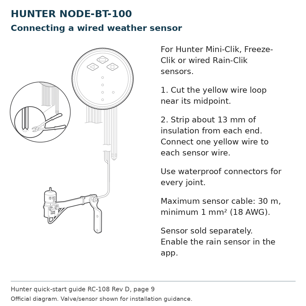 Hunter NODE-BT wired weather-sensor connection using the yellow wire loop and waterproof connectors
