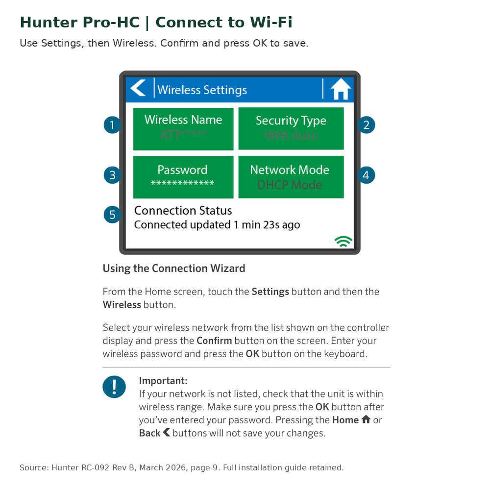 Hunter Pro-HC Wi-Fi connection wizard, password confirmation and save instructions