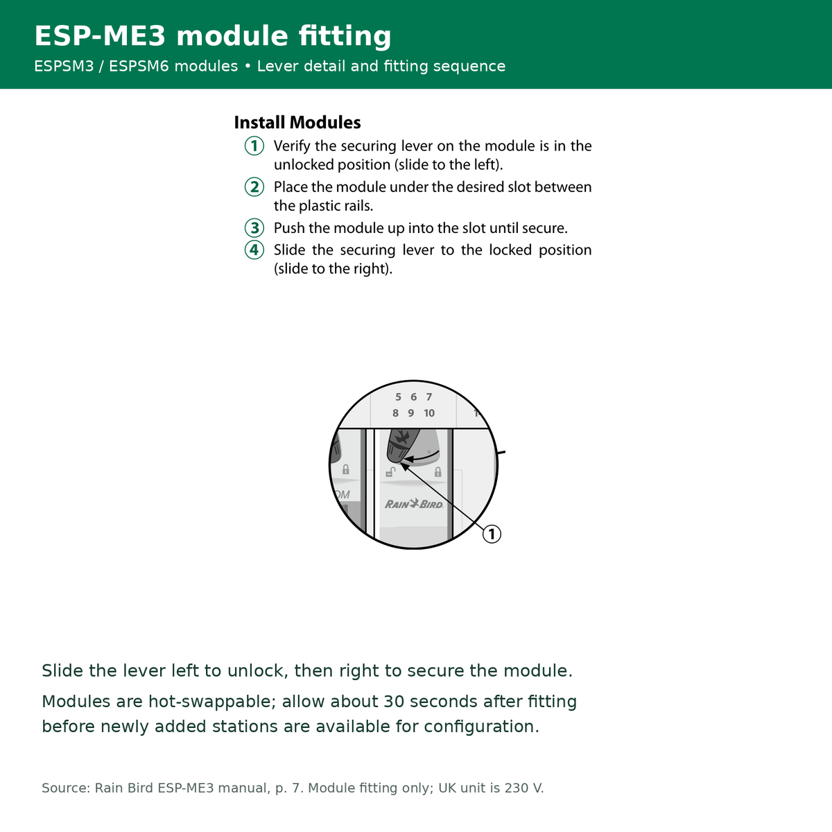 Rain Bird ESP-ME3 ESPSM3 and ESPSM6 station module fitting steps and securing lever detail