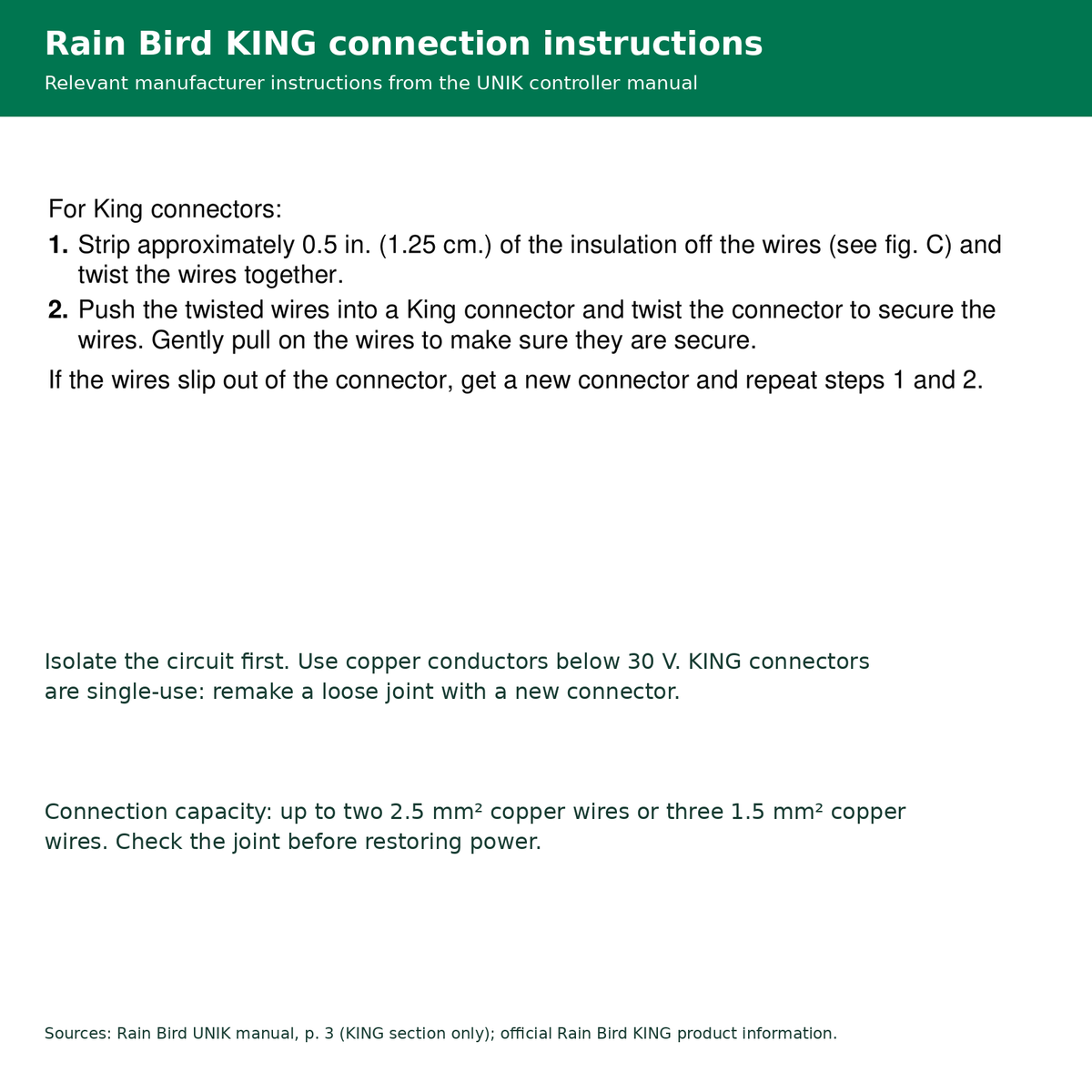 Rain Bird KING connection instructions from the manufacturer UNIK manual, with low-voltage copper-only and single-use guidance.