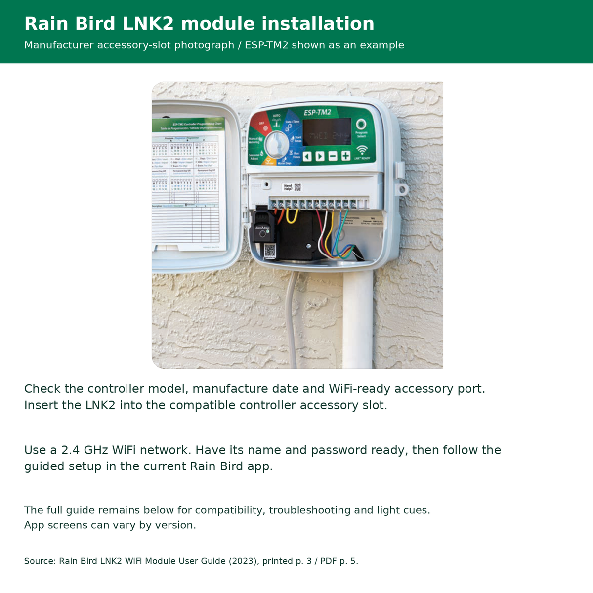 Rain Bird LNK2 installation photograph showing the accessory port on an ESP-TM2 example, plus controller and 2.4 GHz network checks.