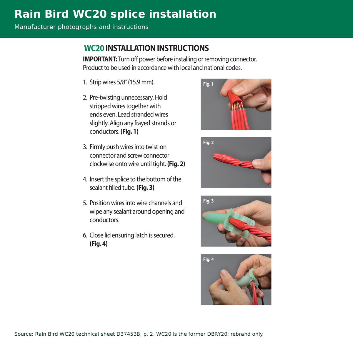 Rain Bird WC20 manufacturer installation steps and photographs showing wire preparation, twist-on splice, silicone tube and secure latch.