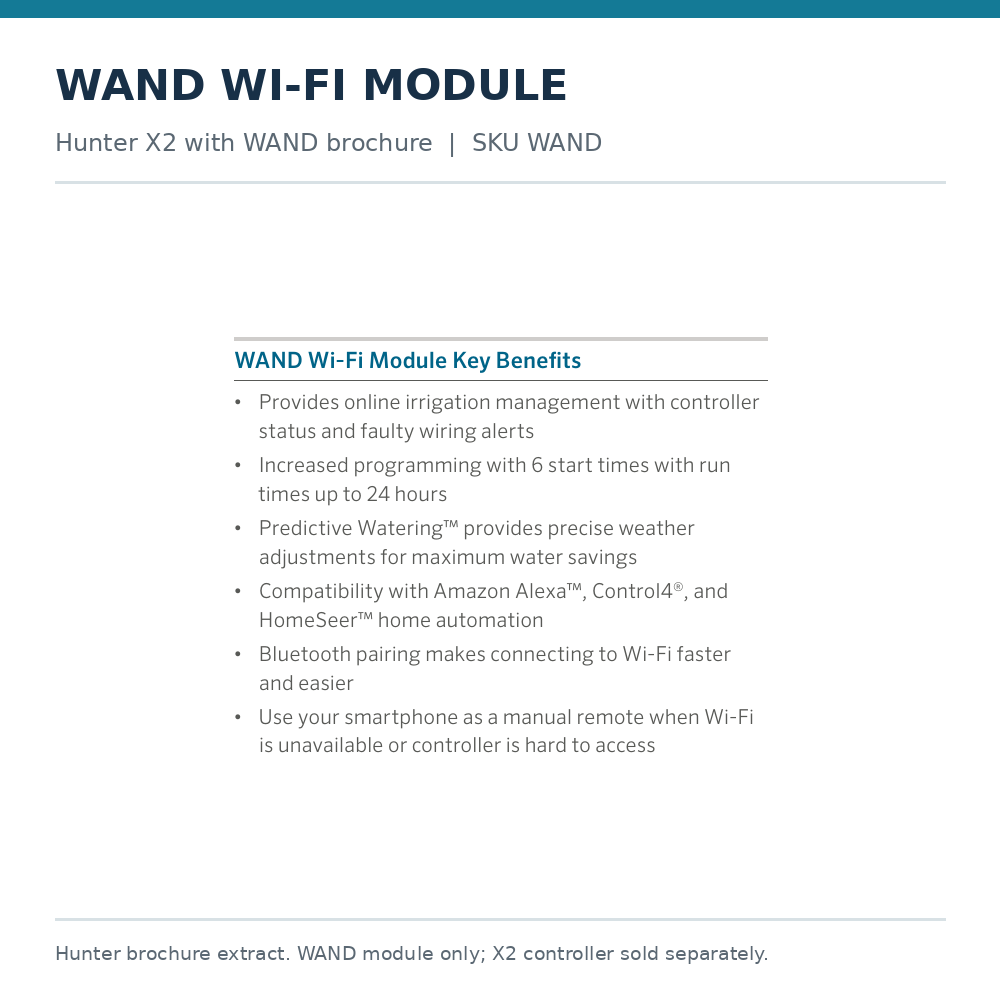 Hunter WAND Wi-Fi module benefits from official X2 brochure