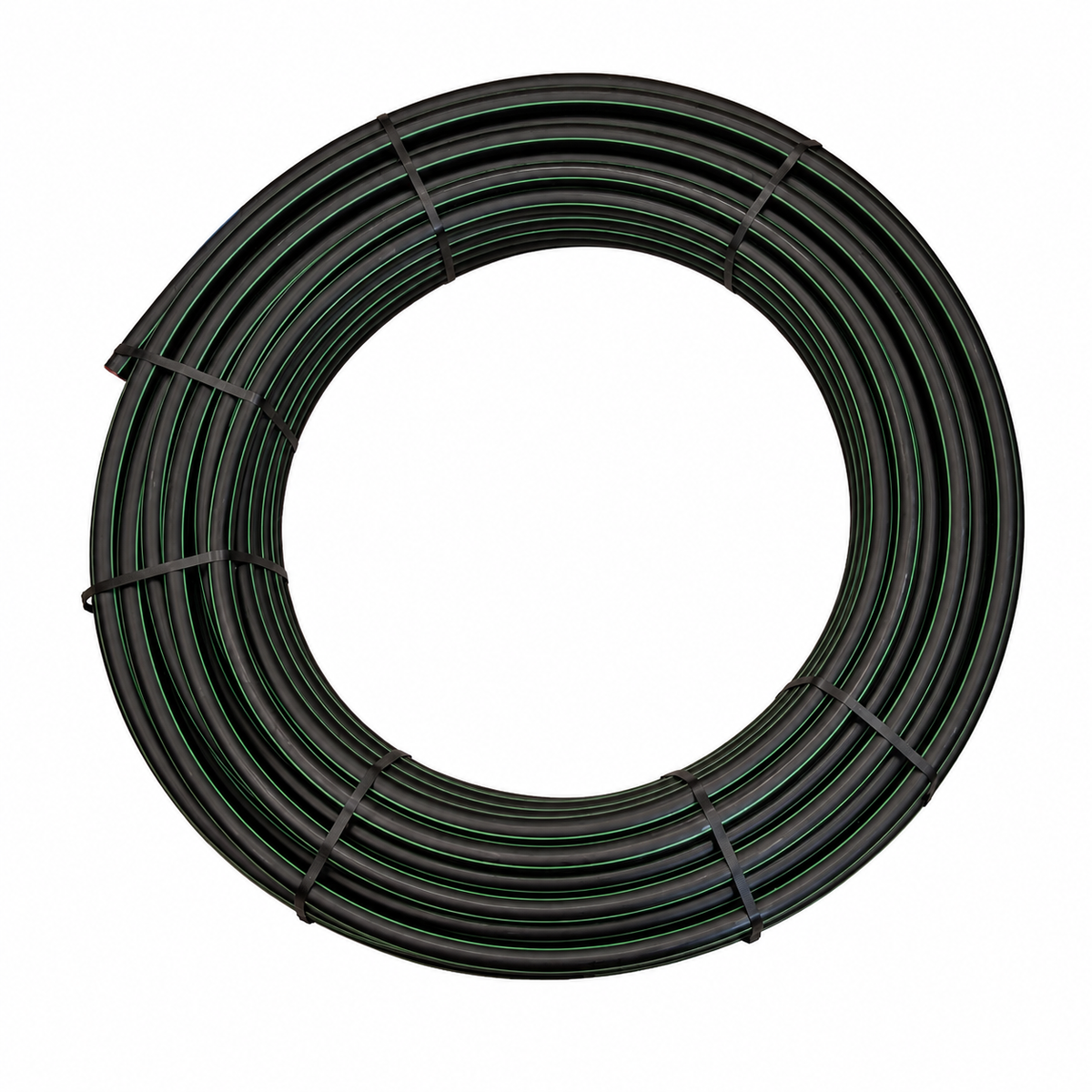 Black polyethylene irrigation pipe coil with green identification stripe