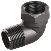 Black male to female BSPT threaded elbow fitting
