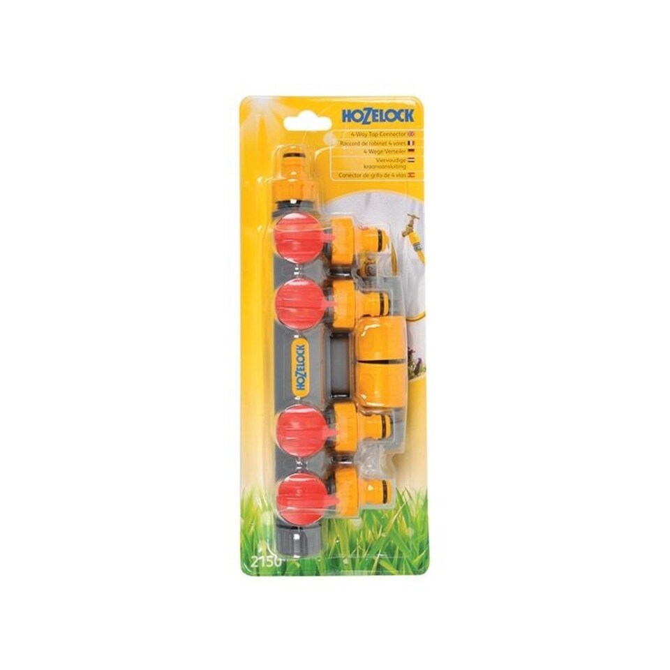Hozelock 2150 four-way tap connector with four flow-controlled outlets