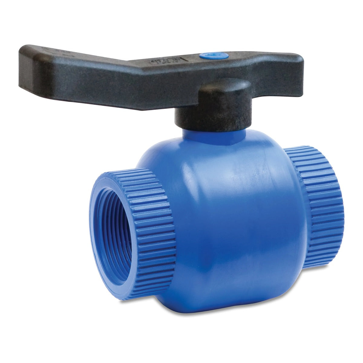 Blue ICE freeze-resistant polypropylene ball valve with black lever