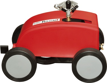 Perrot RollcarT-V travelling sprinkler with red body, wheels and impact sprinkler head