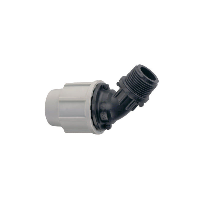 Plasson 45-degree elbow with male threaded offtake for PE pipe