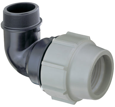 Plasson 90-degree elbow with male threaded offtake for PE pipe