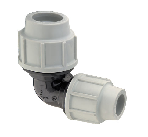 Plasson 90-degree reducing elbow for 25 mm to 20 mm PE pipe