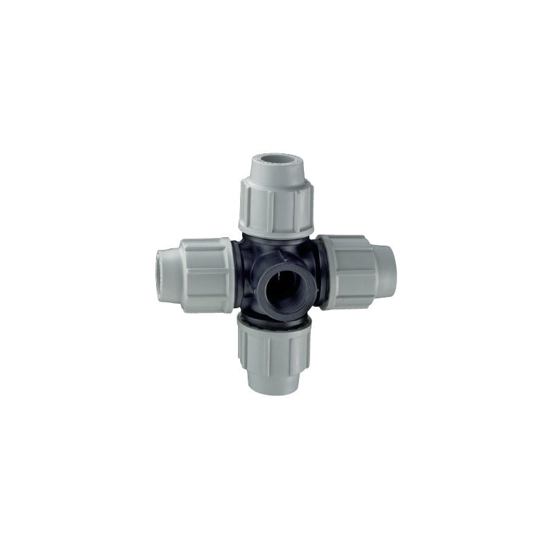 Plasson PE pipe cross with female threaded offtake