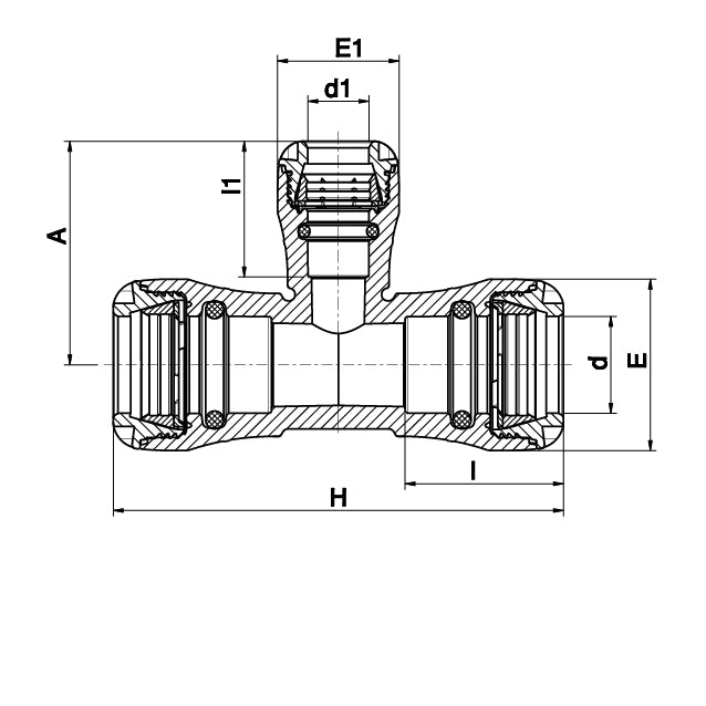 PLASSON Series 1 push-fit reducing tee technical drawing